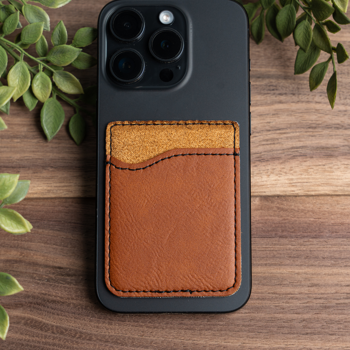 Engraved Vegan Leather Phone Wallet - Adhesive Stick-On Card Holder