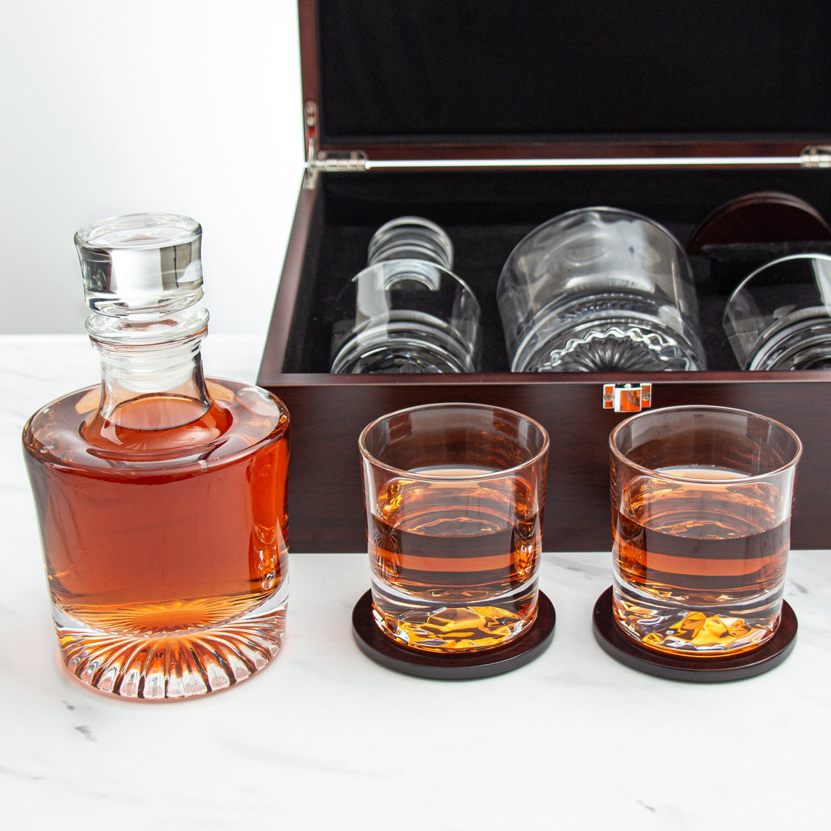 Add Your Logo Custom Sun Burst Decanter Set With Dark Brown Wood Gift Box
