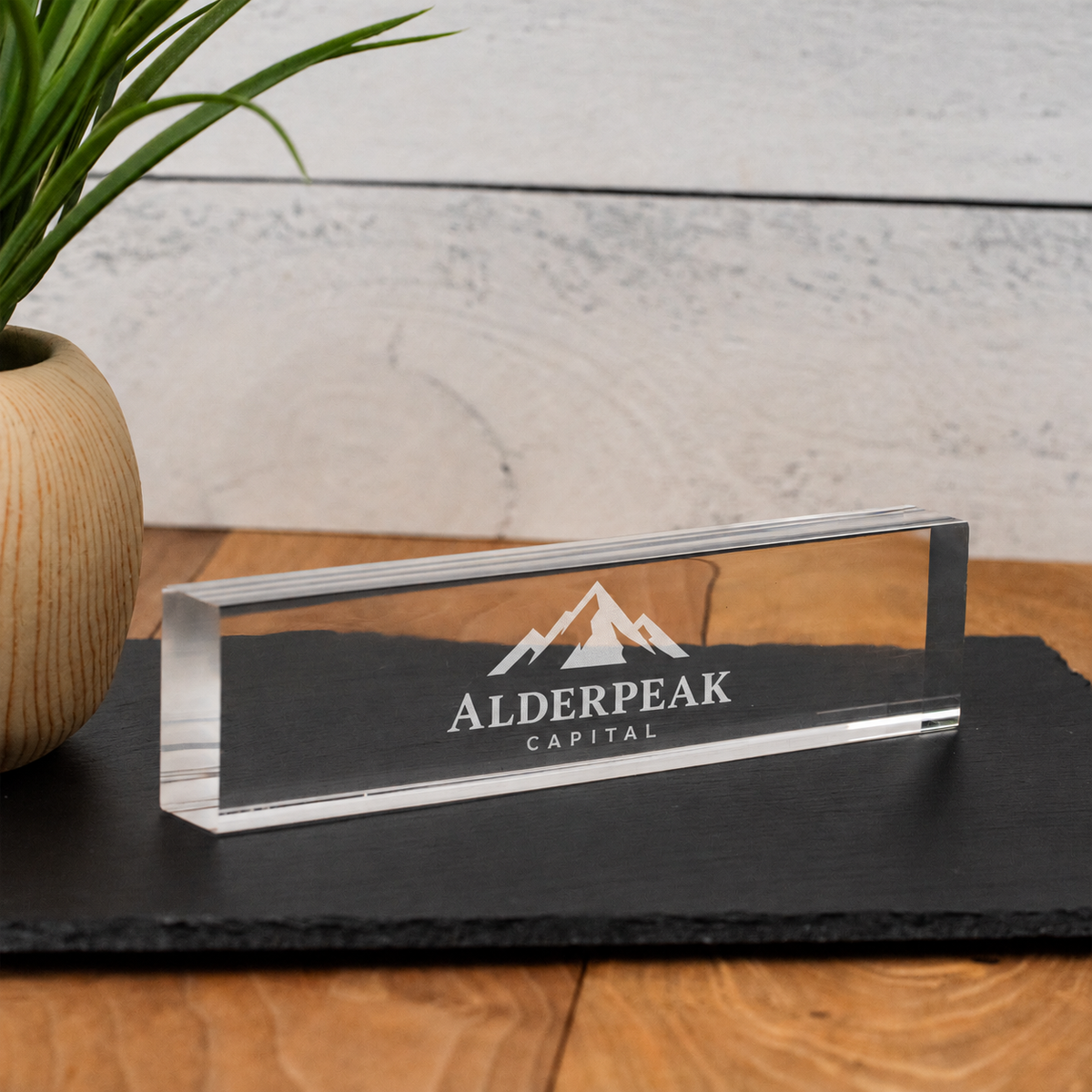 Clear Acrylic Desk Wedge - Customizable Text for Home or Office
