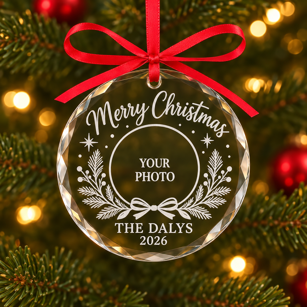 Custom Photo Glass Ornament – Engraved Family Photo Christmas Ornament