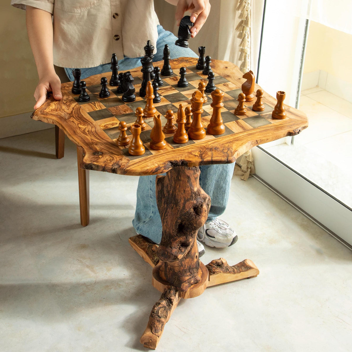 Handmade Olive Wood Chess Table with Rustic Natural Edge