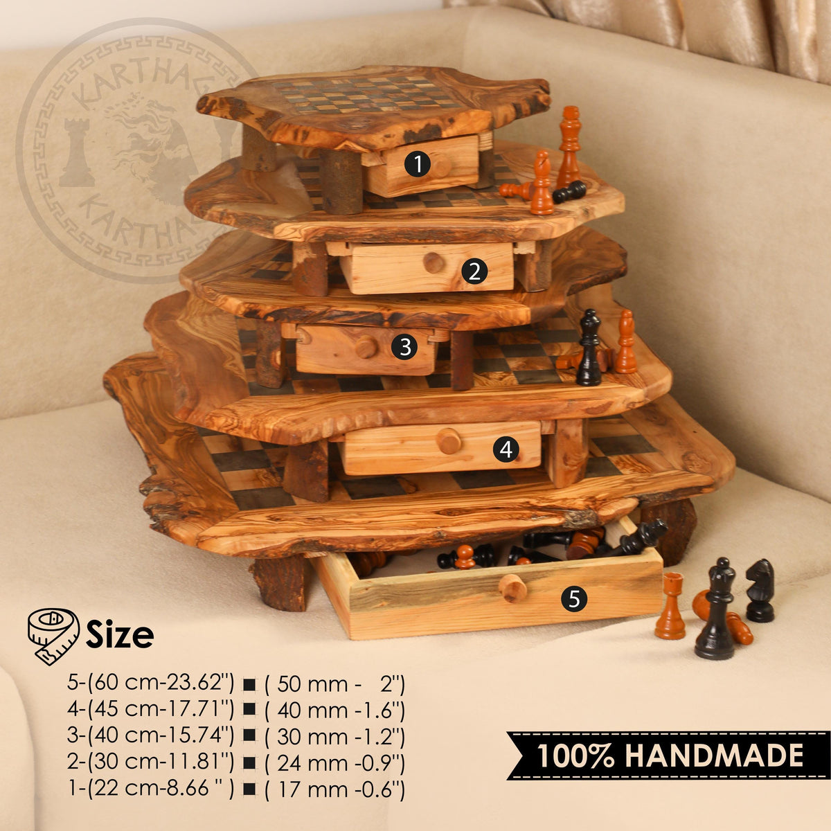 Handmade Olive Wood Chess Set with Storage +FREE Personalization