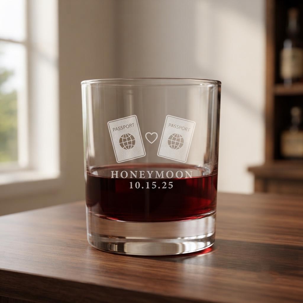 Personalized Honeymoon Glassware Bulk Set | Engraved Just Married Keepsake | Beer Wine Shot Whiskey Mason Jar | Custom Couple Travel Gift