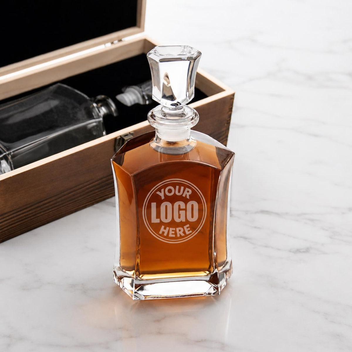 Custom Logo Capital Decanter in Rustic Wood Box | Personalized Whiskey Barware | Ranch Brand Gift