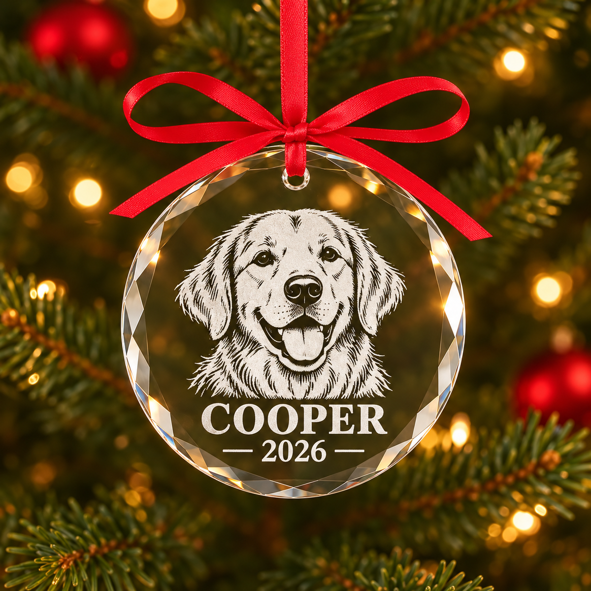 Pet Photo Glass Ornament – Engraved Dog or Cat Christmas Ornament