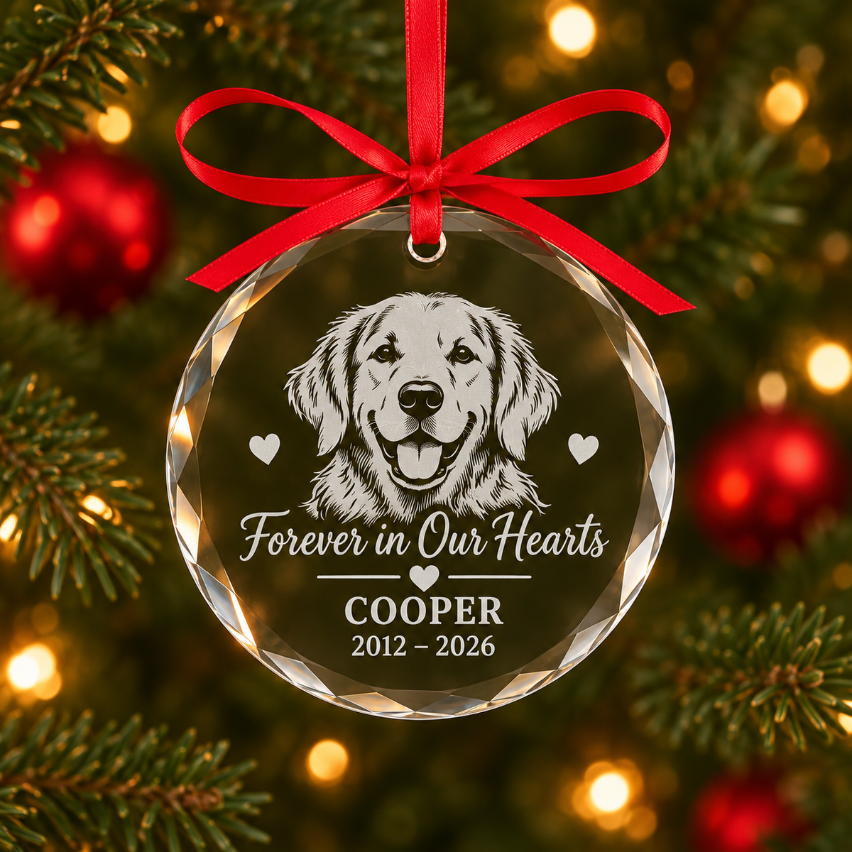 Pet Memorial Glass Ornament – Engraved Photo, Name and Dates