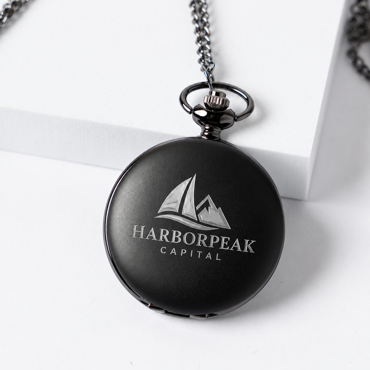 Personalized Black Pocket Watch with Chain - Custom Laser Etched