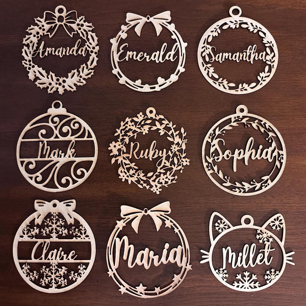 Personalized Wooden Name Ornament | 9 Wreath & Scroll Designs