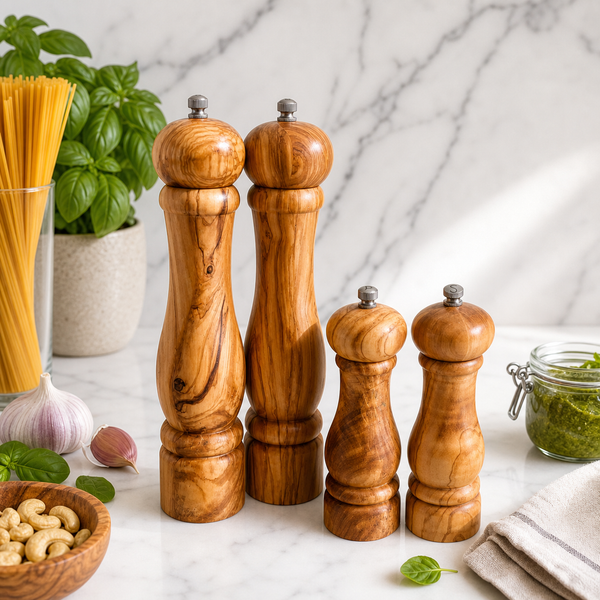Handmade Olive Wood Salt and Pepper Grinder Set | Rustic Kitchen