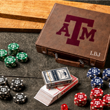 Officially licensed Texas A&M 100 chip leather poker set in brown with the maroon ATM logo and sample initials