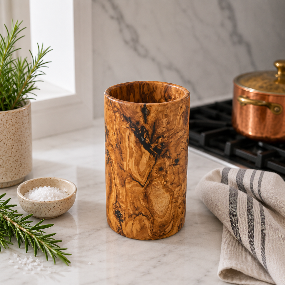 Olive Wood Circle Utensil Holder