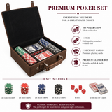 Premium poker set card listing 100 poker chips, dice, two decks of cards and a leather box
