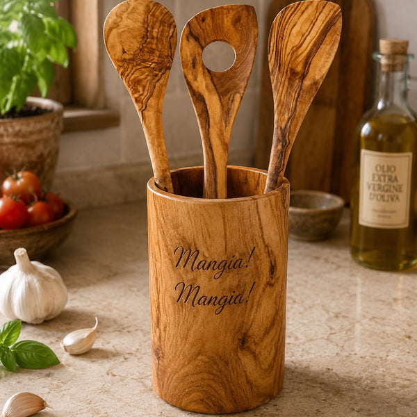 Olive Wood Circle Utensil Holder