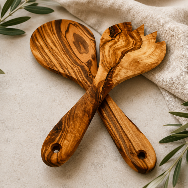 Olive Wood Salad Servers Set – Handmade Spoon & Spork