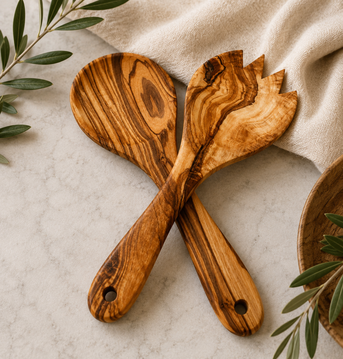 Olive Wood Salad Servers Set – Handmade Spoon & Spork