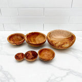 Olive wood nesting bowl set of 6pcs arranged in two rows, prep bowls and small serving bowls