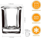 Size chart for the 2.2 oz square shot glass: 2.36 inches tall, 1.65 inch rim, dishwasher safe
