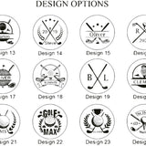 Design options for the golf tee holder, designs 13 to 24 with golf balls, clubs and initials