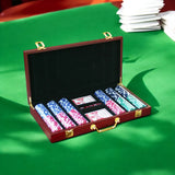 Open 300 chip wooden poker set showing rows of poker chips, two card decks and dice