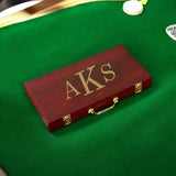 Long wooden poker set case for 300 chips with a sample monogram, a personalized groomsmen gift