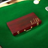 300 chip wooden poker case engraved with sample two letter monogram initials in the corner