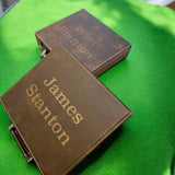 Custom leather poker set cases engraved with sample names, personalized groomsmen gifts