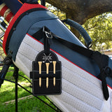 Black leather golf tee holder engraved with a sample name and crossed clubs, clipped to a golf bag