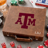 Brown leather Texas A&M poker set case with the maroon ATM logo and sample initials, chips around it