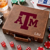 Brown leather A&M poker case with the maroon ATM logo and sample monogram initials