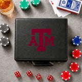 Black leather 100 chip poker set case with the maroon Texas A&M logo, an Aggie game night gift