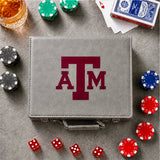 Gray leather 100 chip poker set case with the maroon Texas A&M logo, chips and dice around it