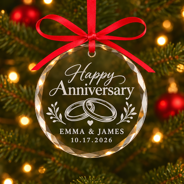 Anniversary Glass Ornament – Engraved Names and Wedding Date