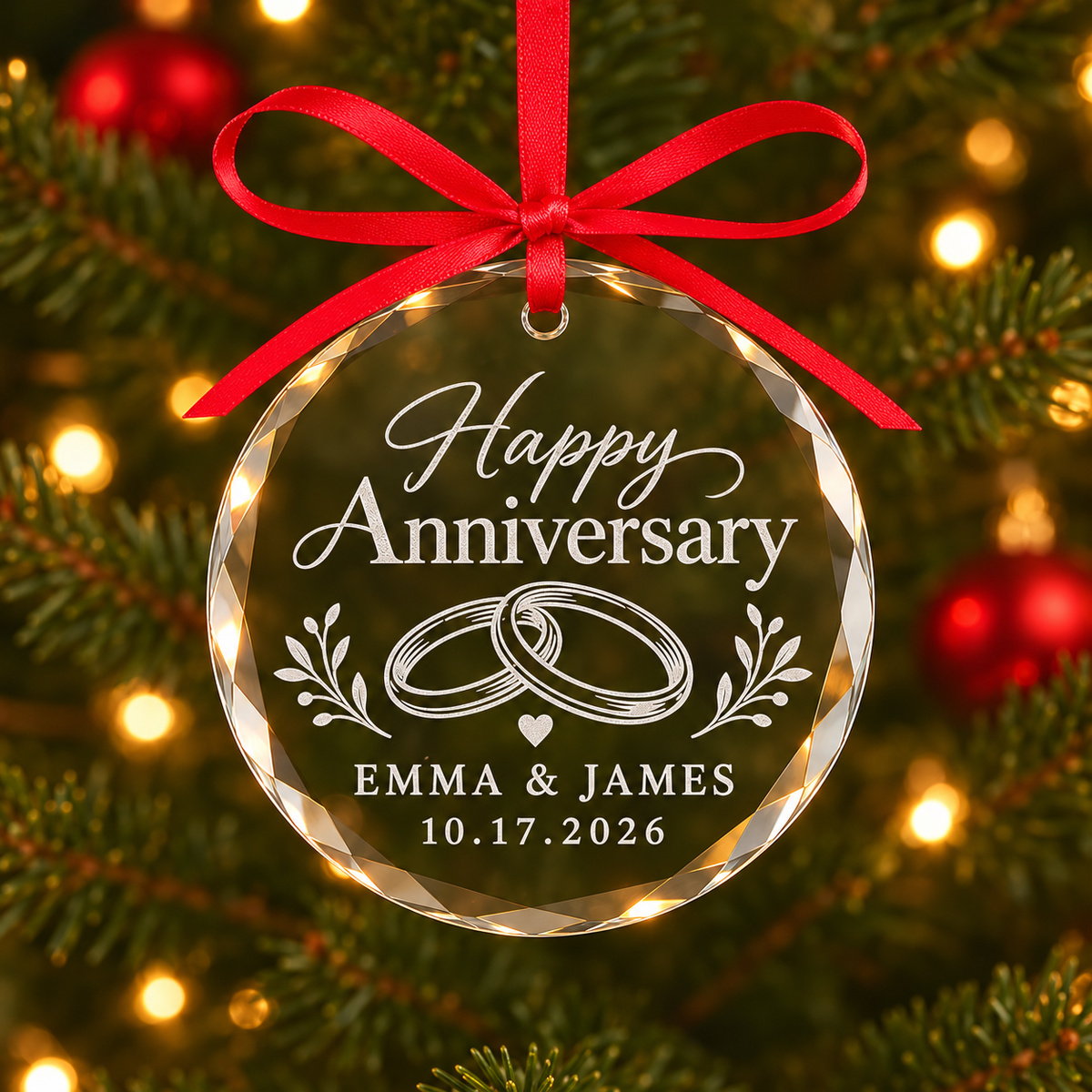 Anniversary Glass Ornament – Engraved Names and Wedding Date