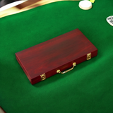 Plain 300 chip wooden poker set case with brass latches on green felt, ready for engraving