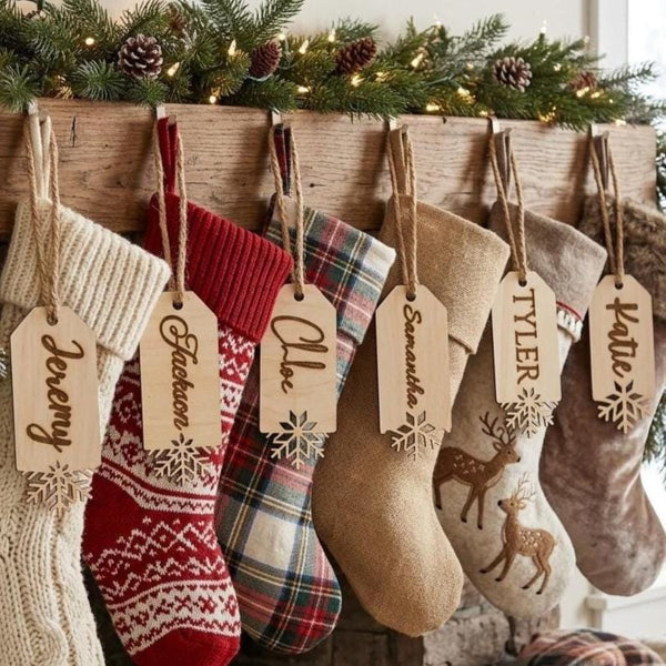 Personalized Wooden Stocking Name Tags | Snowflake Designs