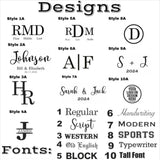 Design options chart showing monogram and name engraving styles plus 10 font choices for personalization