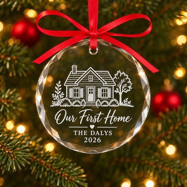 Our First Home Glass Ornament – Engraved House Photo Christmas Ornament