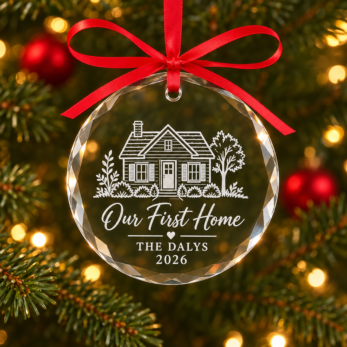 Our First Home Glass Ornament – Engraved House Photo Christmas Ornament