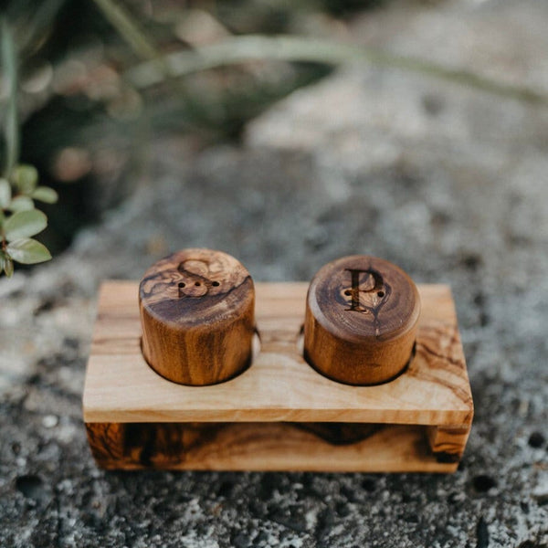 Olive Wood Salt And Pepper Shakers w/ Holder