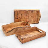 Set of olive wood breakfast and coffee table trays with natural bark edges, stacked and side by side
