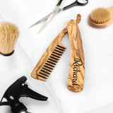 Olive wood folding beard comb engraved with a sample name, with scissors and a shaving brush, a grooming gift