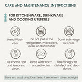 Care and maintenance instructions for olive wood utensils, hand wash only and keep out of water