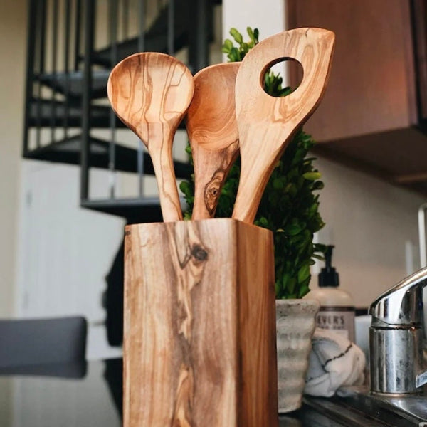 Olive Wood Spoon Set With Holder