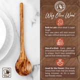 Why olive wood card next to a long olive wood spoon, noting it is tough, one of a kind and eco friendly