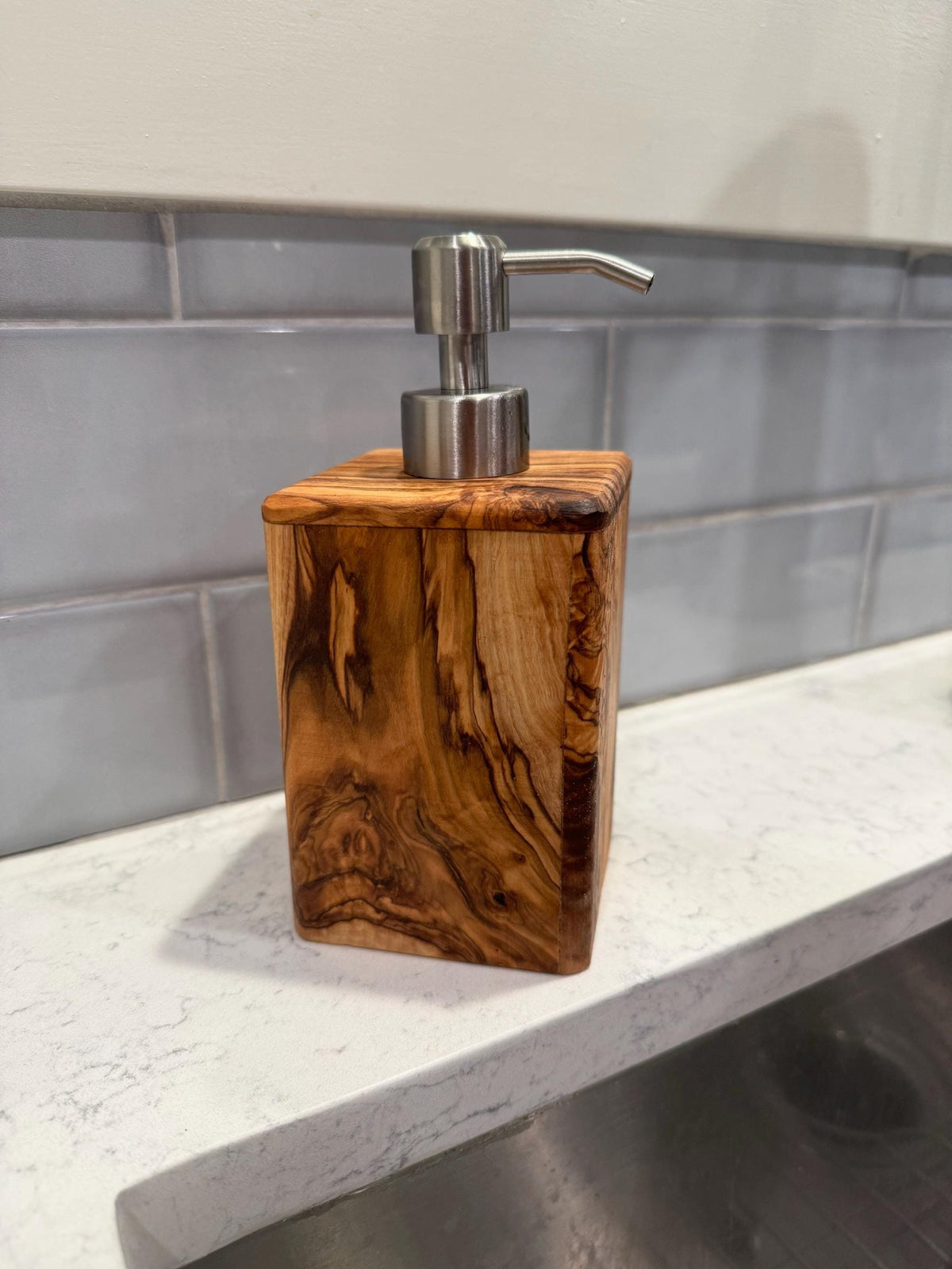 Olive Wood Soap Dispenser with Metal Head