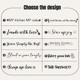 Design chart with twelve kitchen phrases to engrave on the spoon handle, such as Scoop up love