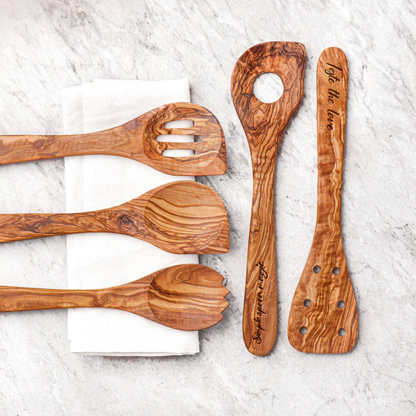 Olive Wood Kitchen Utensil Set: Personalized Cooking Spoons & Spatula