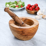 Handmade olive wood mortar and pestle engraved with a sample family name and est. year, personalized kitchen gift