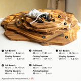 Size chart for the olive wood chess board in five sizes from 22 cm to 60 cm with square sizes