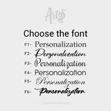 Font chart for personalizing the olive wood chess table showing six text styles